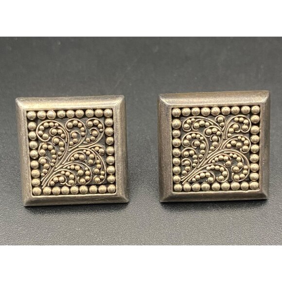 Vintage Lois Hill .925 Sterling Silver Square Clip-On Earrings Ornate Designer - Picture 2 of 10